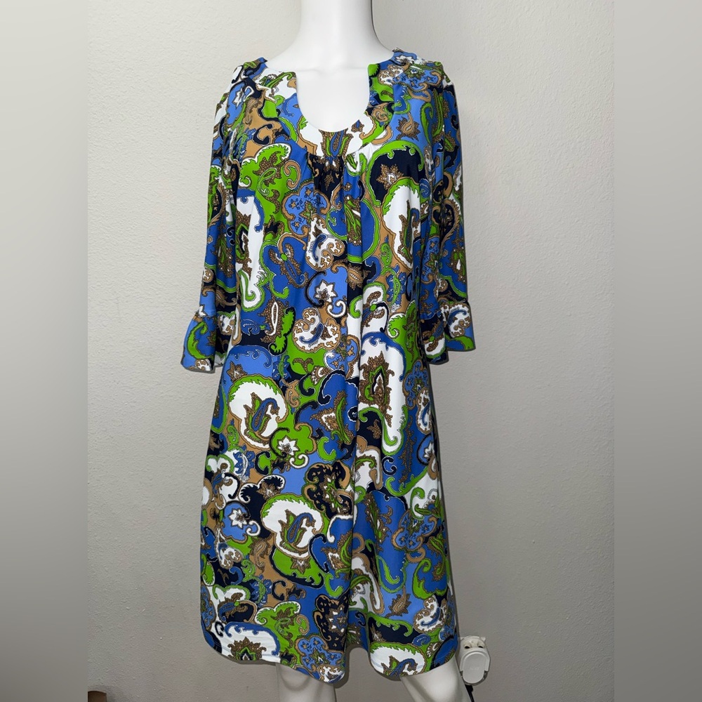 Jude Connally. Floral Shift Dress Blue & Green L Paisley
